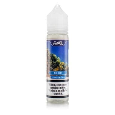 Bottle of The Reef AVAIL Vapor 60mL e-liquid with colorful label, designed for vaping enthusiasts.