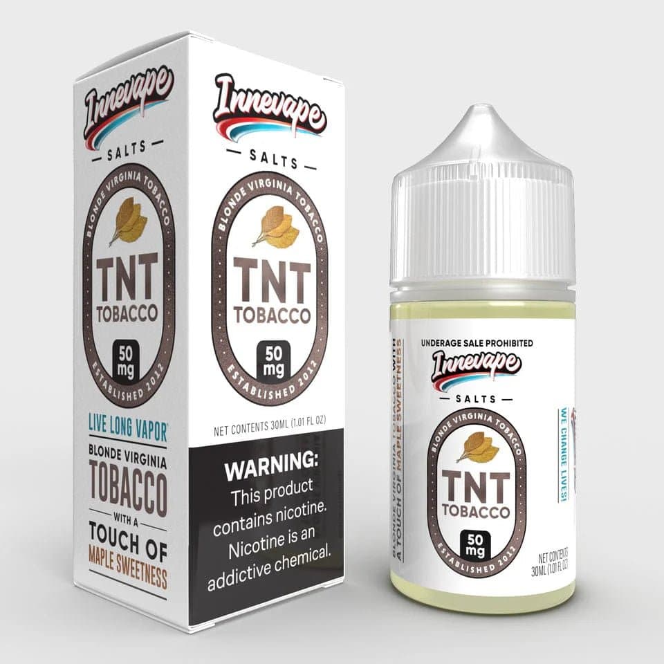 TNT Tobacco Salt e-liquid by Innevape, 30mL bottle with tobacco flavor, featuring a clear label and dropper cap.