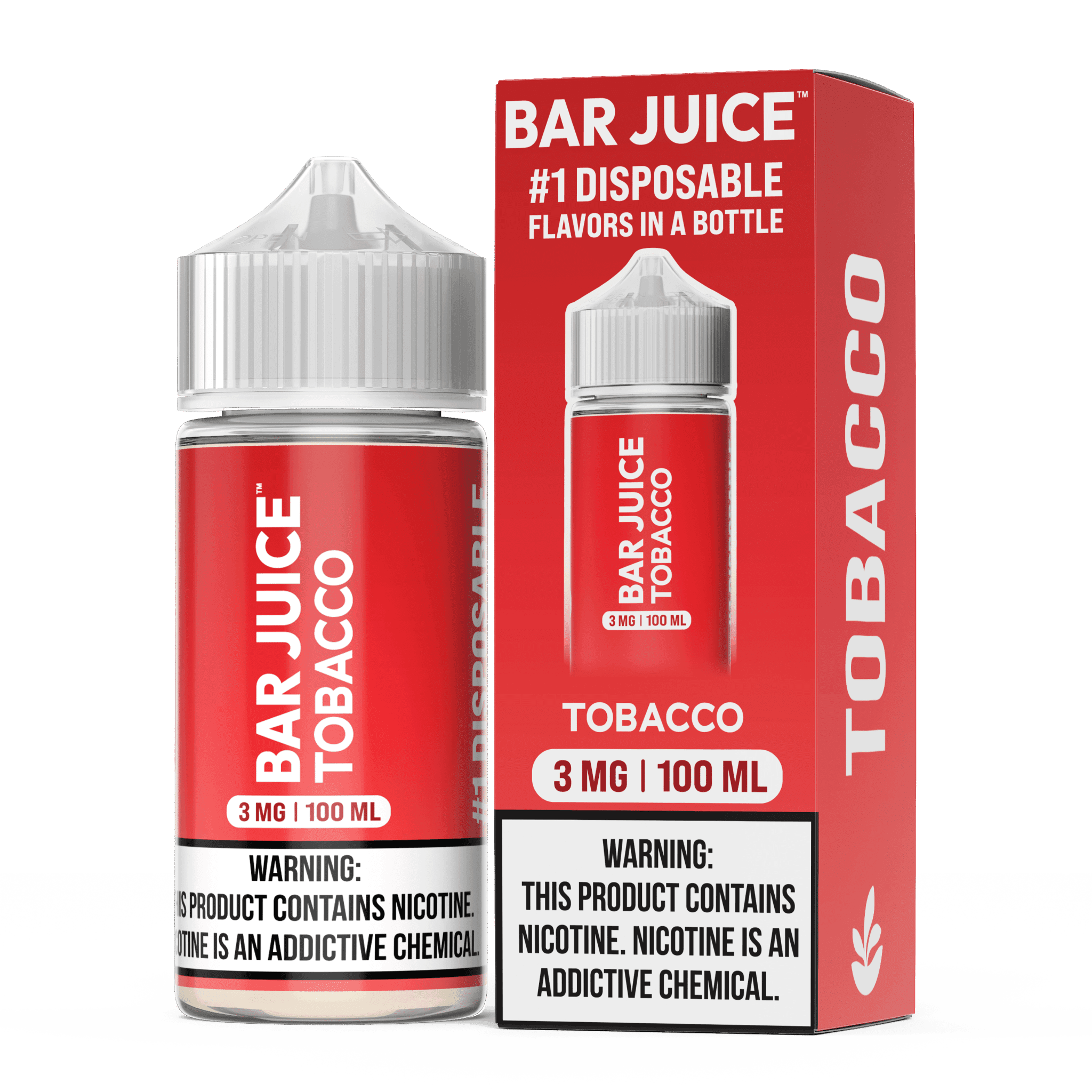 Bar Juice Tobacco E-liquid 100mL bottle with tobacco flavor and clear label, designed for vaping.