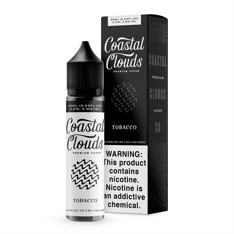 Coastal Clouds Tobacco E-liquid 60mL bottle with label featuring tobacco flavor and coastal-themed design.