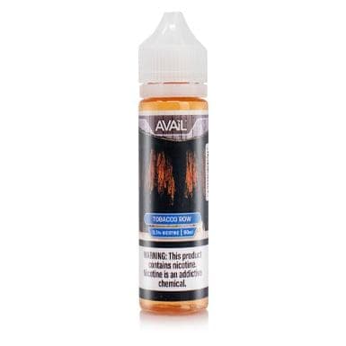Bottle of Tobacco Row AVAIL Vapor e-liquid in 60mL plastic bottle with label featuring tobacco imagery and branding.