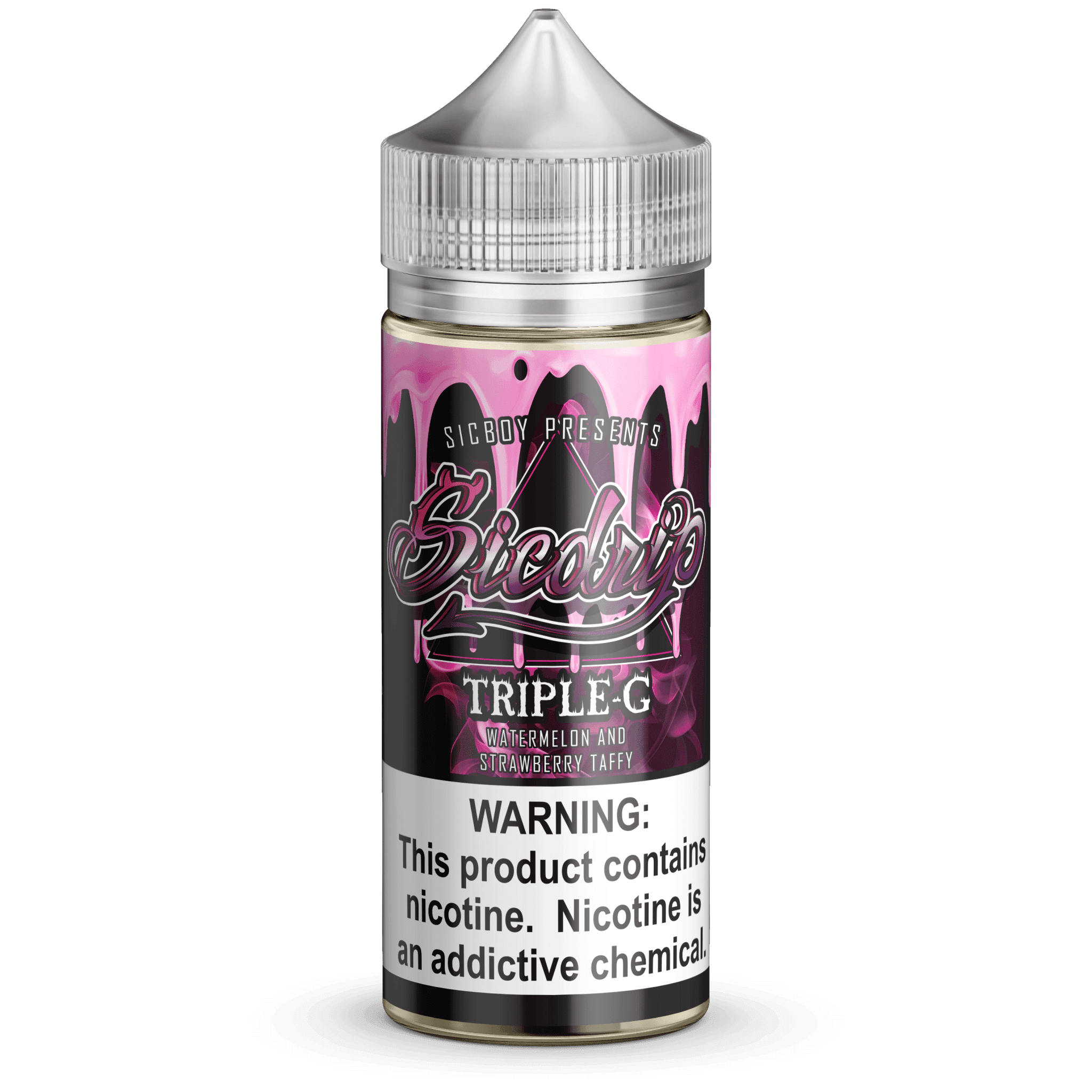 Triple G Sicboy 100mL e-liquid bottle, featuring vibrant label design and clear plastic container for vaping.