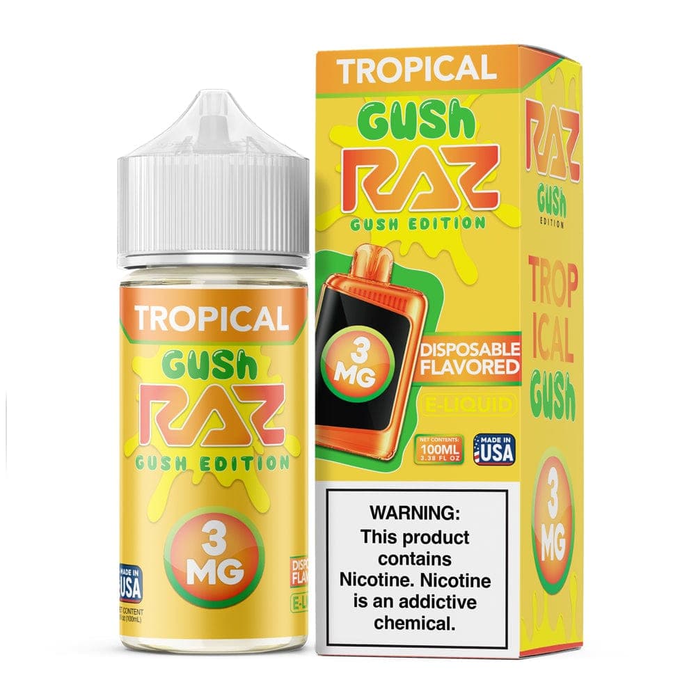Tropical GUSH Pod Juice x Raz E-Liquid 100mL bottle with colorful tropical fruit label and clear plastic cap.