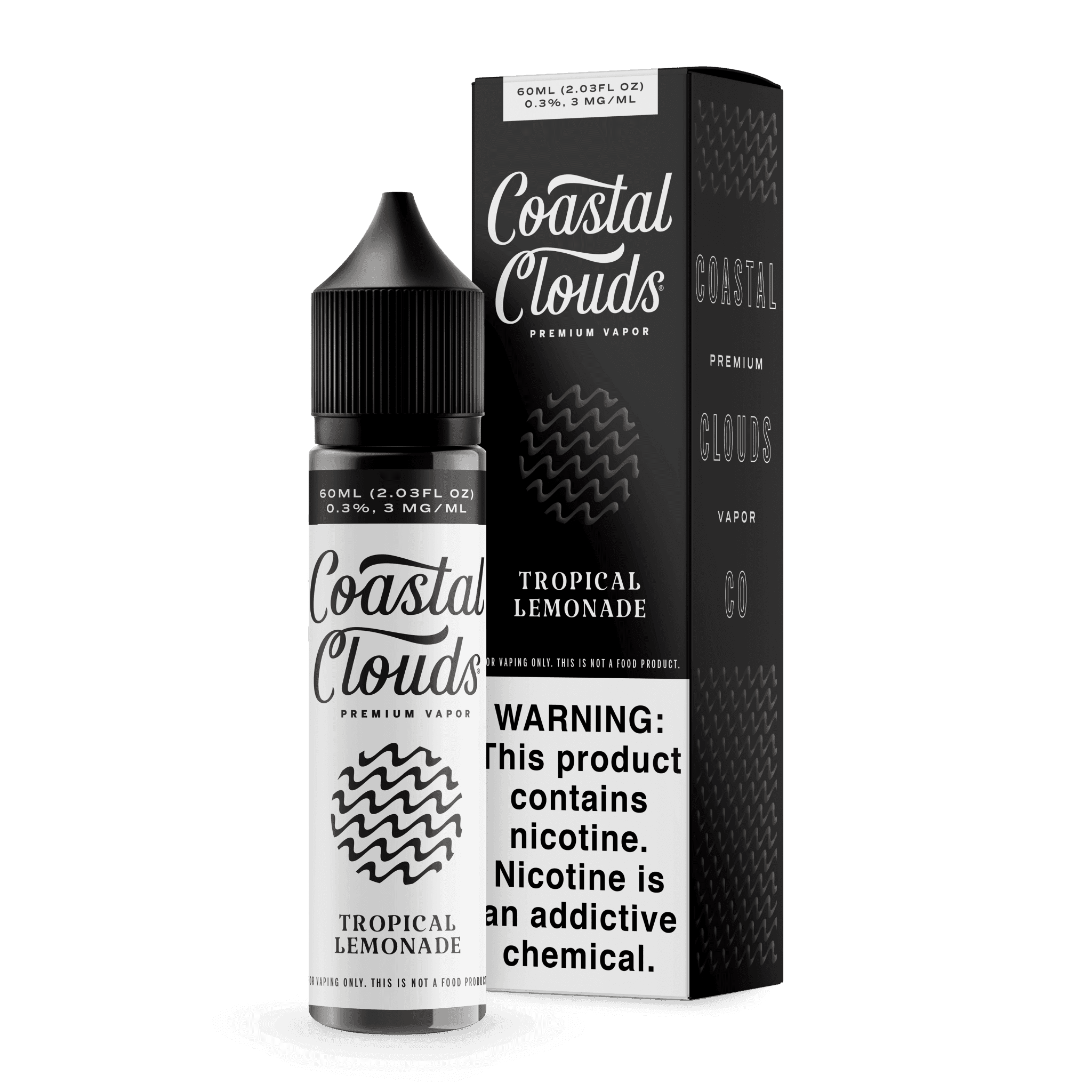 Coastal Clouds Tropical Lemonade e-liquid bottle, 60mL, with vibrant tropical lemon and citrus flavor label.