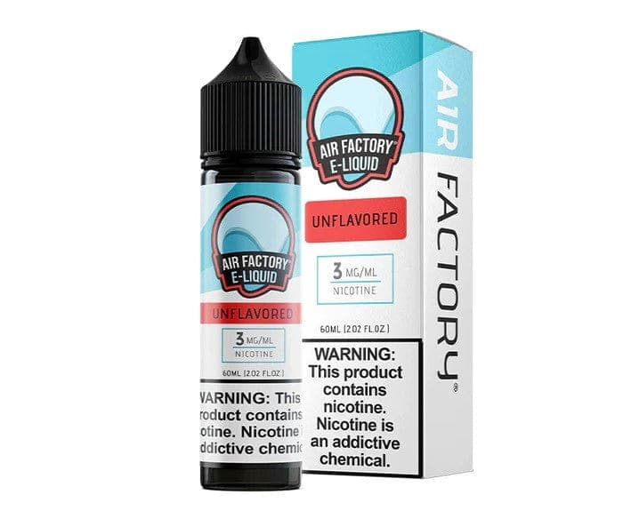 Unflavored Air Factory E-Liquid 60mL bottle with clear labeling and child-resistant cap, suitable for vaping.