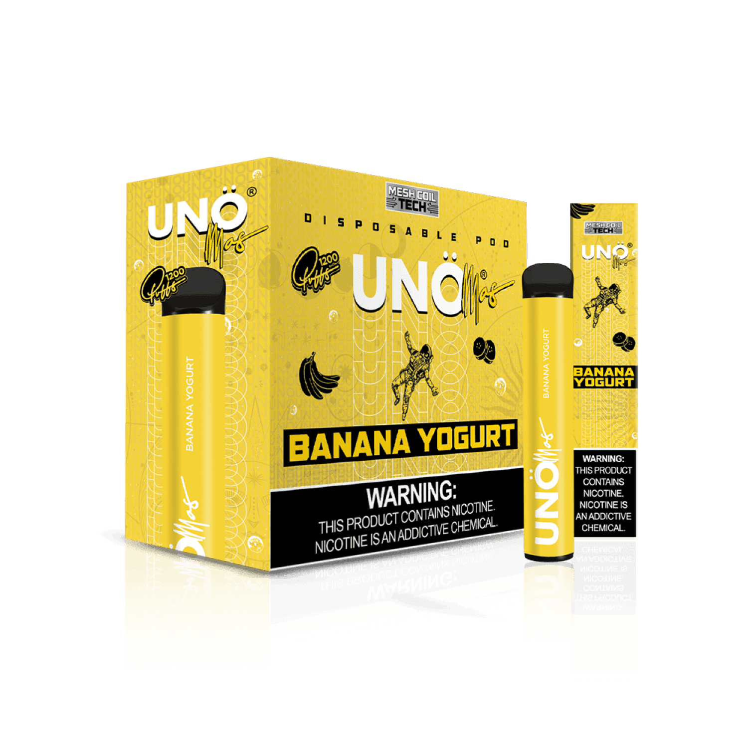 UNO Uno Mas Disposable Vape 5% nicotine, 1,200 puffs, sleek design with colorful branding and a compact, portable shape.