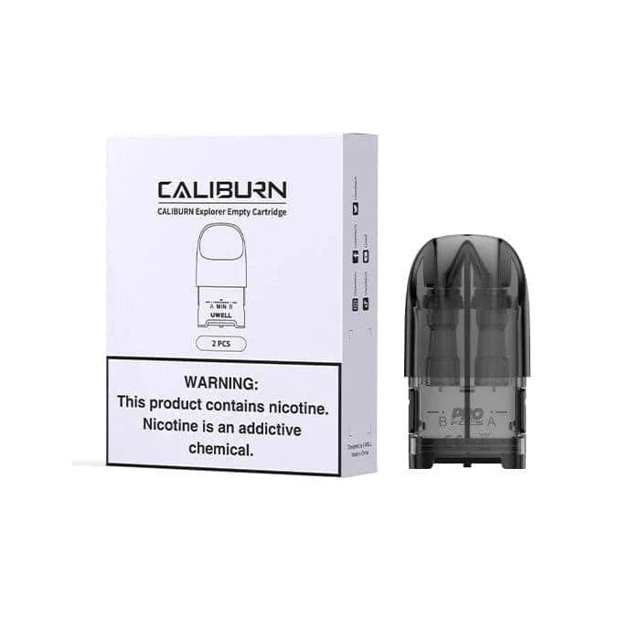 UWELL Caliburn Explorer replacement pods for vaping hardware, shown in a close-up image.