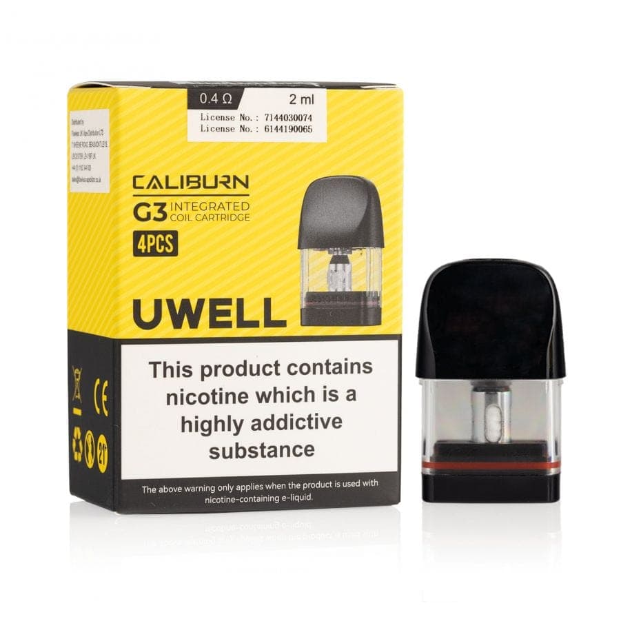 Uwell CALIBURN G3 replacement vape pods for UWELL, showing sleek mouthpiece and refill opening for easy vaping.
