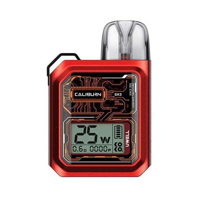 UWELL Caliburn GK3 25W pod system hardware with sleek design and adjustable wattage display.