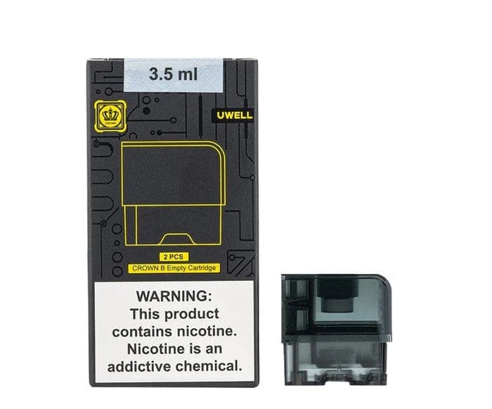 Uwell Crown B replacement vape pods for UWELL devices, shown in black and transparent plastic with mouthpiece