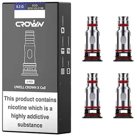 UWELL Crown X replacement vape coils shown, designed for use with UWELL vaping devices, featuring a coil head for smooth vapor.