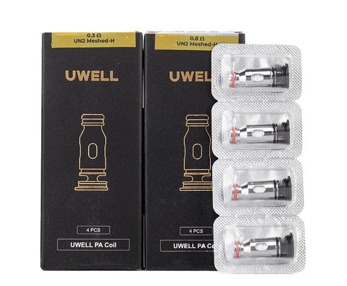 UWELL PA replacement coils for vape devices, showing multiple coils with wicking material and metal construction.
