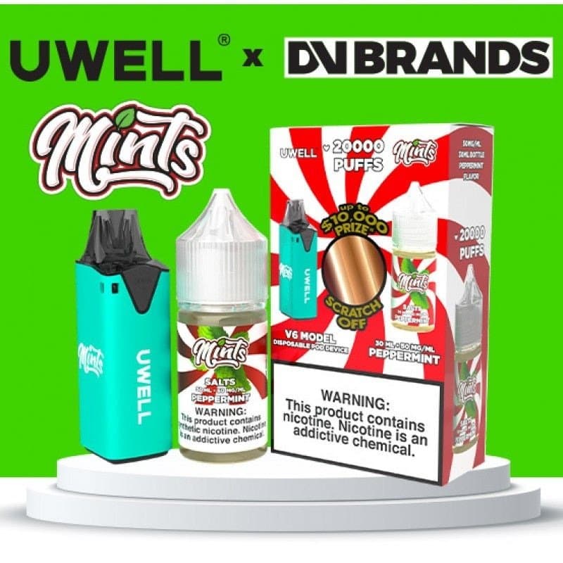 Uwell V6 refillable disposable vape device with 30ml e-liquid bottle and accessories, designed for convenient vaping.