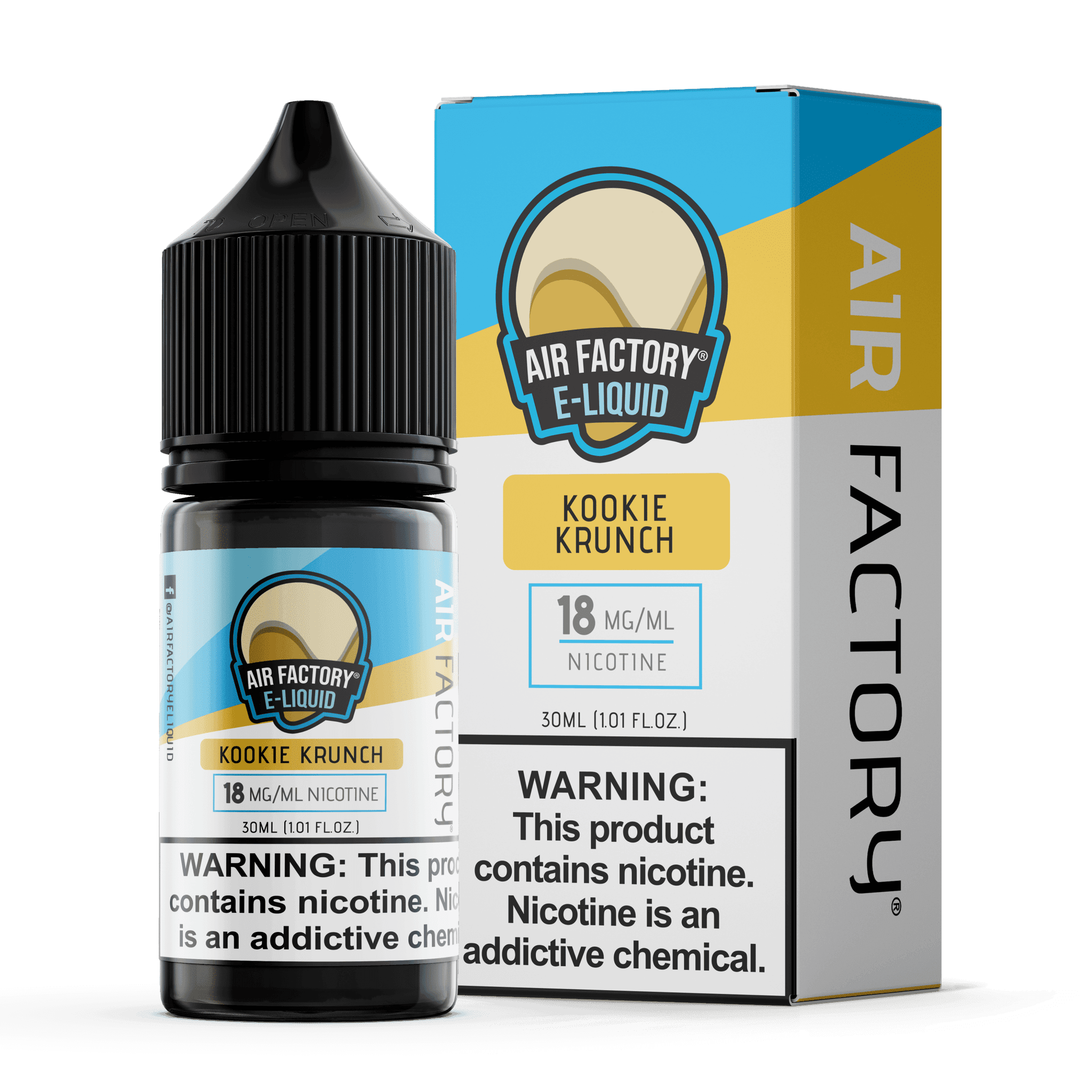 Air Factory Vanilla Crumble and Kookie Crunch Salt E-liquid 30mL bottle featuring creamy vanilla and crunchy cookie flavors.