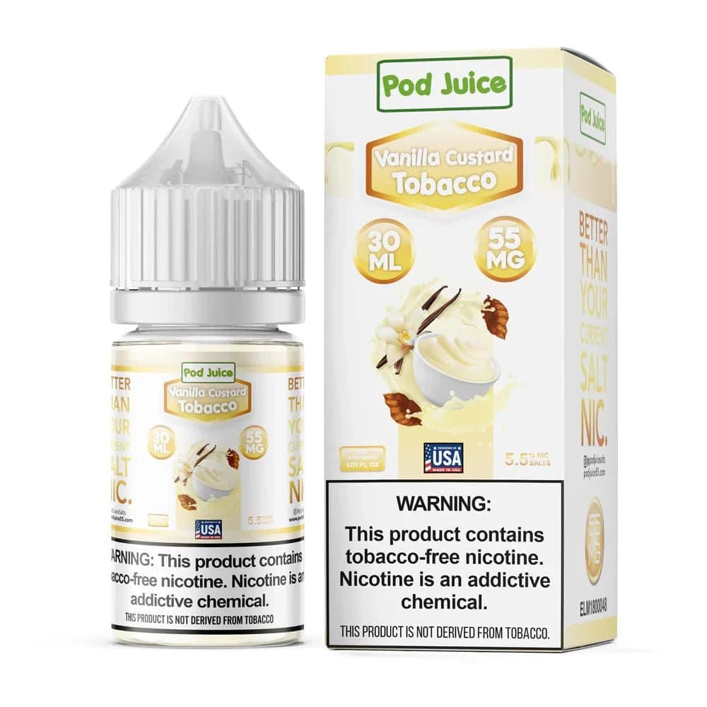Vanilla Custard Tobacco SALT e-liquid by Pod Juice in a 30mL bottle, featuring creamy vanilla custard with tobacco flavor.