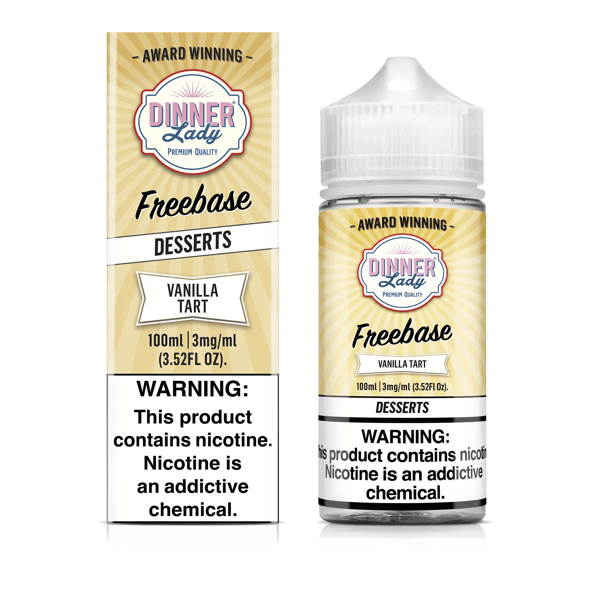 Vanilla Tart Dinner Lady e-liquid 100mL bottle with a vanilla and tart flavor profile, featuring a colorful label.