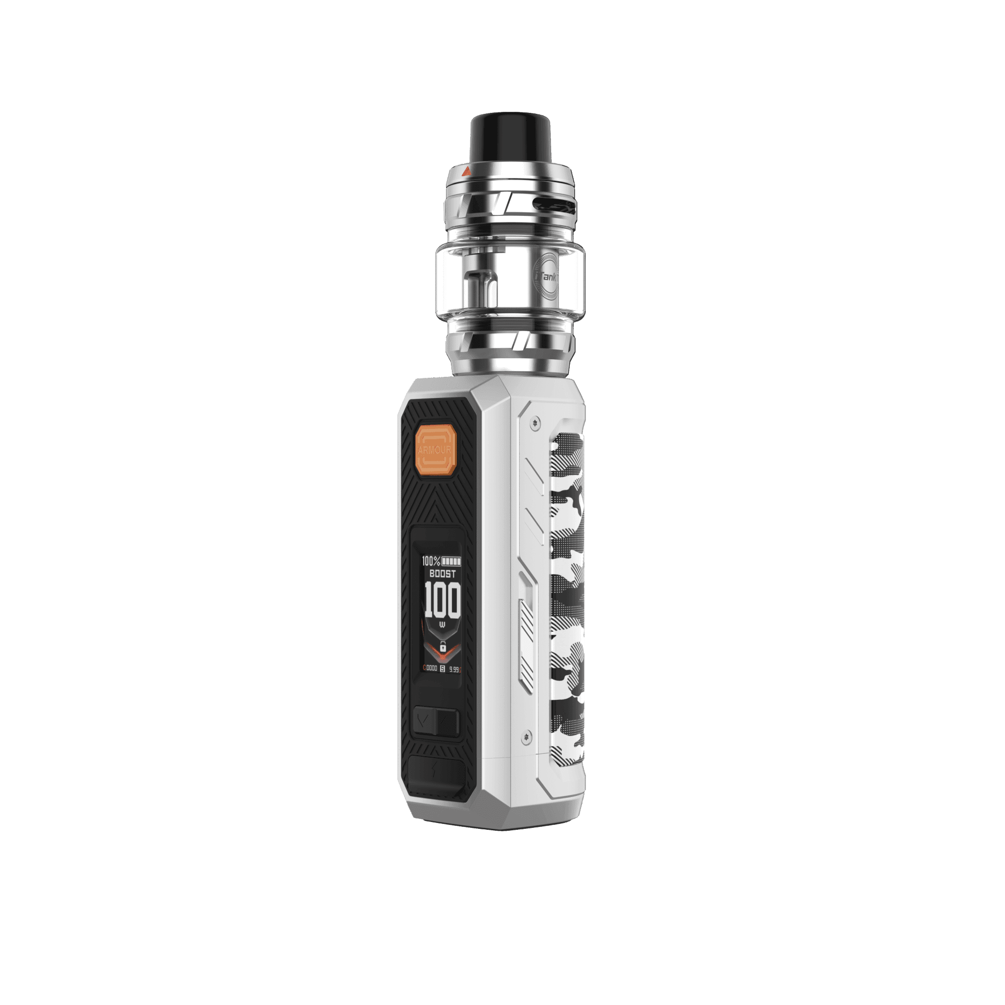 Vaporesso Armour Ultra 100W starter kit with mod and tank, black hardware, detailed close-up of vaping device.