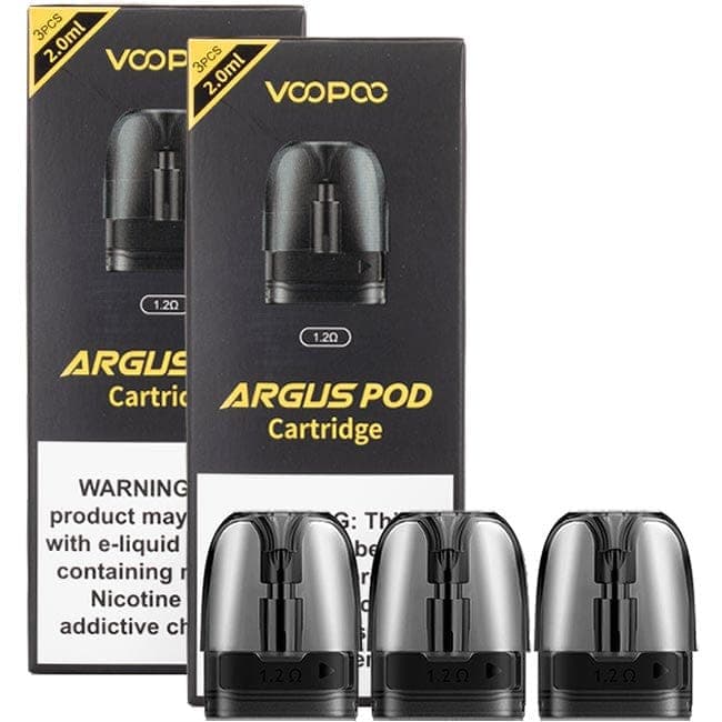 VOOPOO ARGUS replacement pods for vape device, showing clear plastic pods with mouthpiece and filling port for vaping hardware.