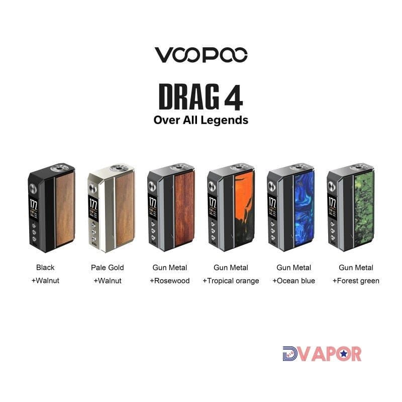VooPoo Drag 4 mod device showing a sleek black vaping mod with textured grip and VOOPOO branding on the side.