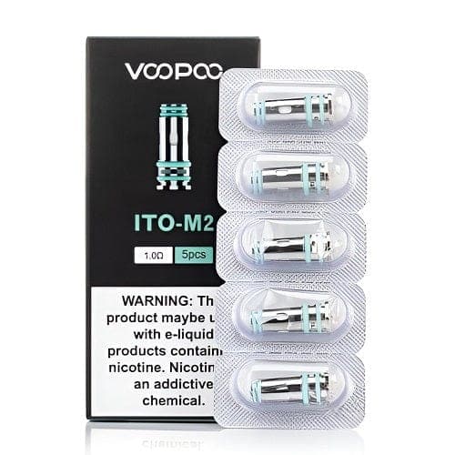 VOOPOO ITO replacement coils for vape devices, showing a pack of coils with coil wicks and metal components.