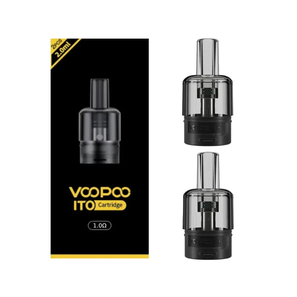 VOOPOO ITO replacement pods for vaping device, clear e-liquid chambers with black mouthpieces and branding.