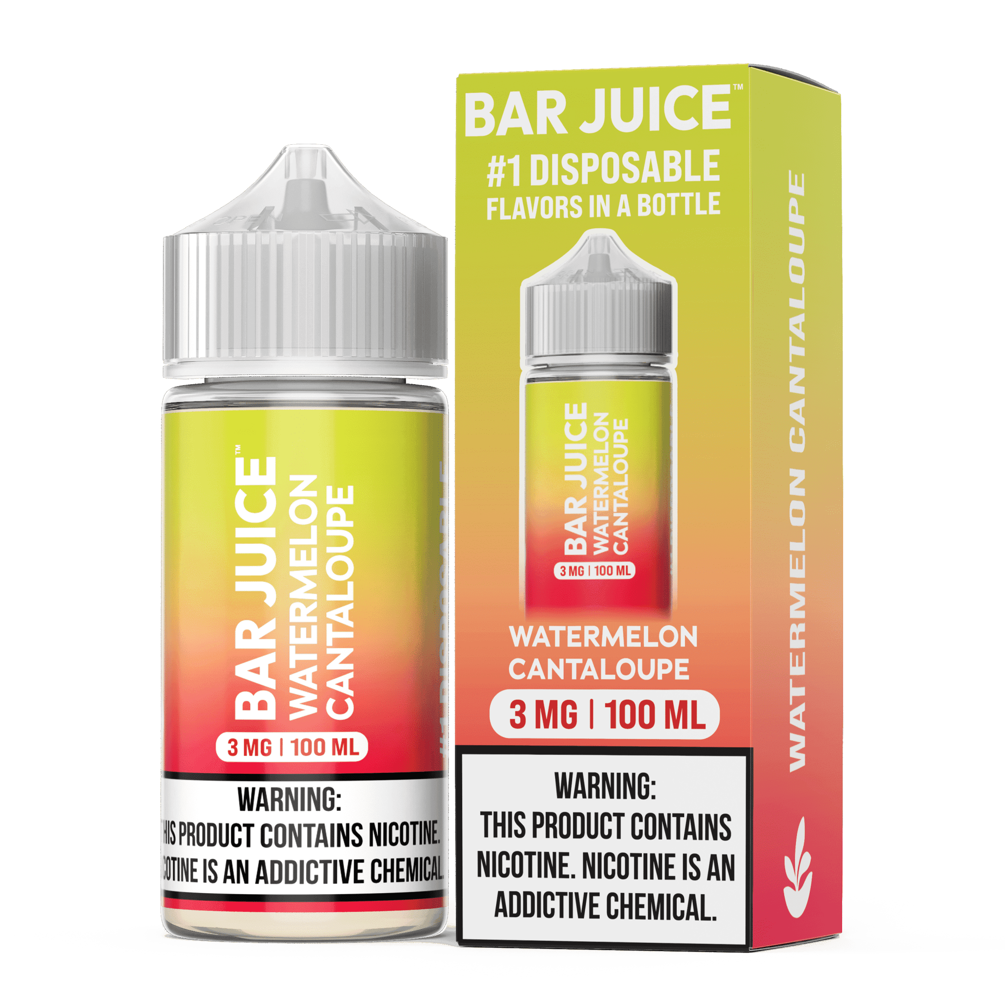 E-liquid bottle of Watermelon Cantaloupe flavor by Bar Juice, featuring fresh watermelon and cantaloupe fruit on the label.