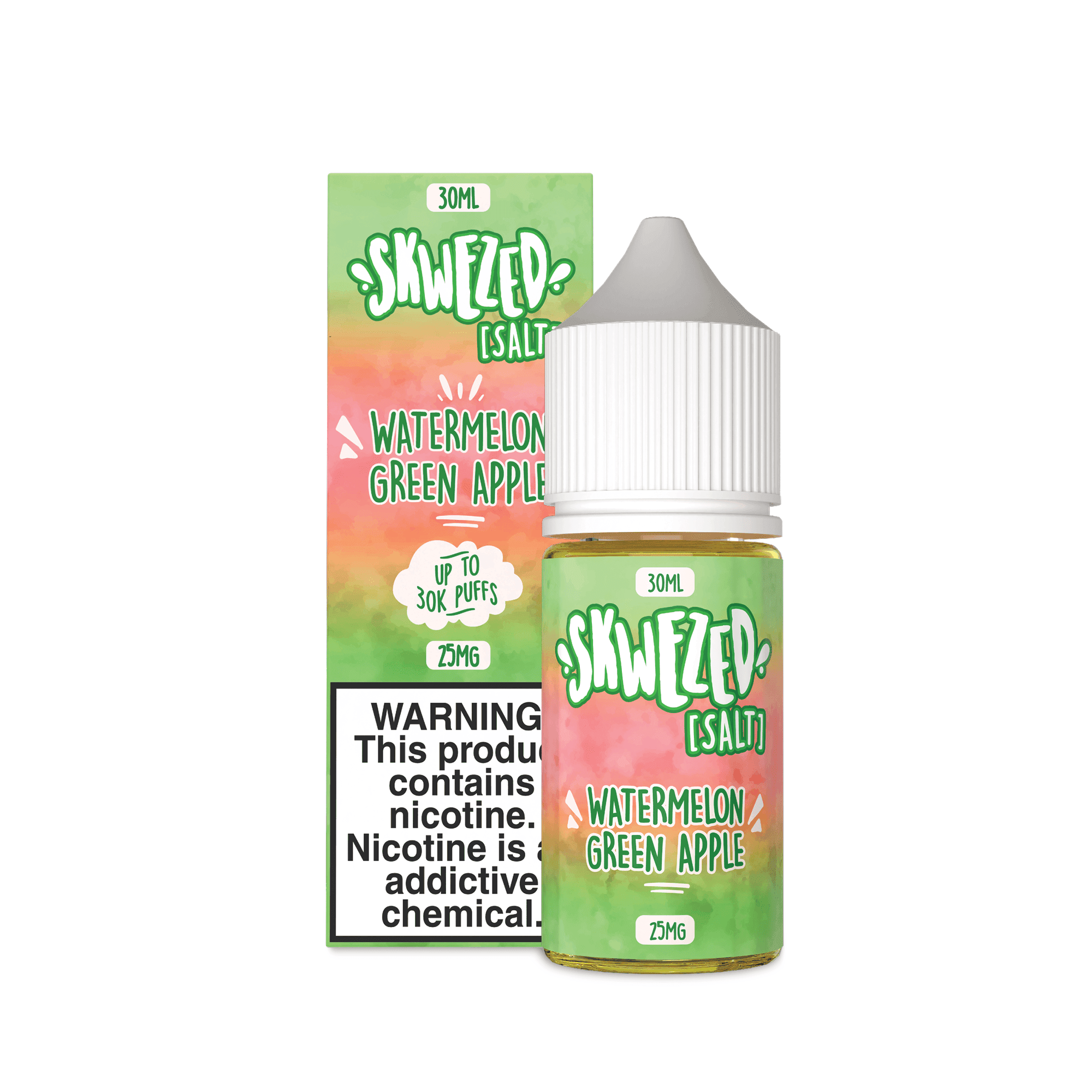 Skwezed Watermelon Green Apple Salt Nicotine e-liquid 30ml bottle with green and red watermelon and apple flavor branding.