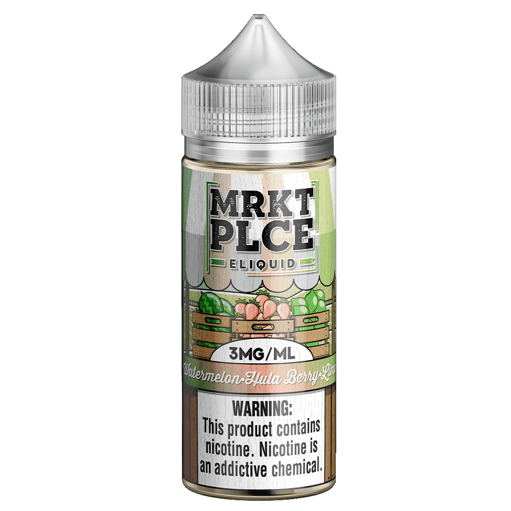MRKT PLCE Watermelon Hula Berry Lime e-liquid in 100mL bottle with vibrant watermelon, berry, and lime flavor imagery.