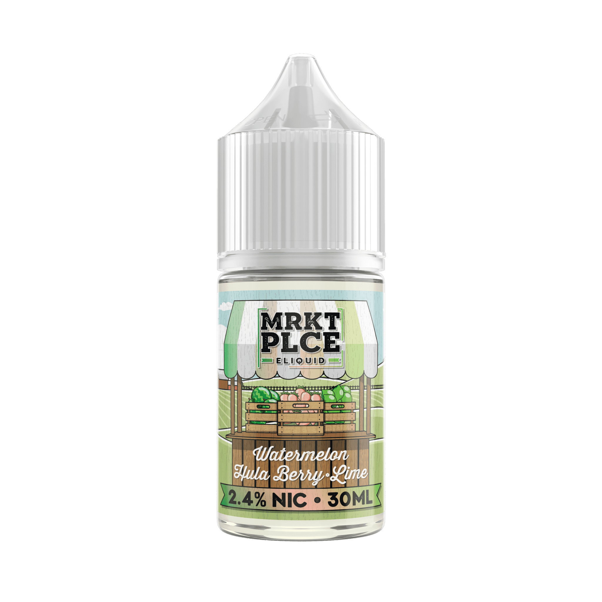 MRKT PLCE Watermelon Hula Berry Lime Salt e-liquid bottle, 30mL, with colorful label featuring watermelon, berries, and lime images.