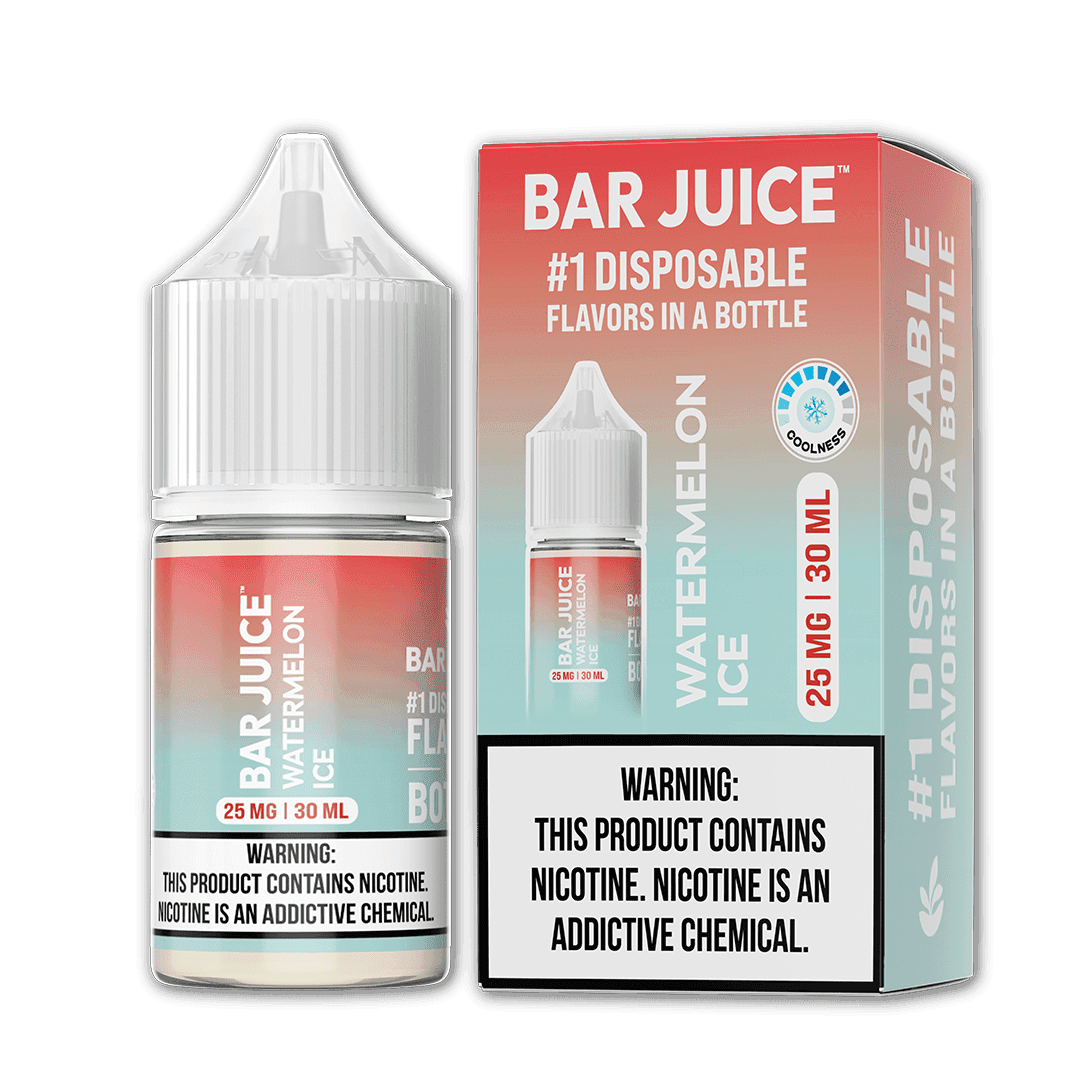 Bar Juice Watermelon ICE Salt e-liquid bottle with colorful label and 30mL capacity, featuring a refreshing watermelon and mint design.