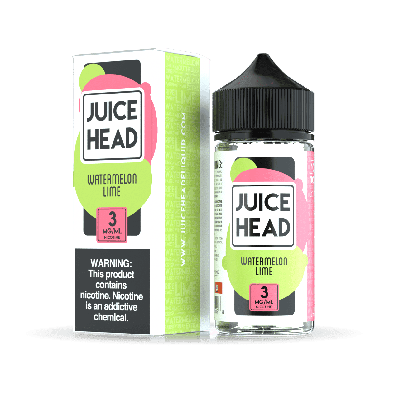 Watermelon Lime Juice Head e-liquid bottle, 100mL, featuring a vibrant label with images of watermelon and lime for vaping.