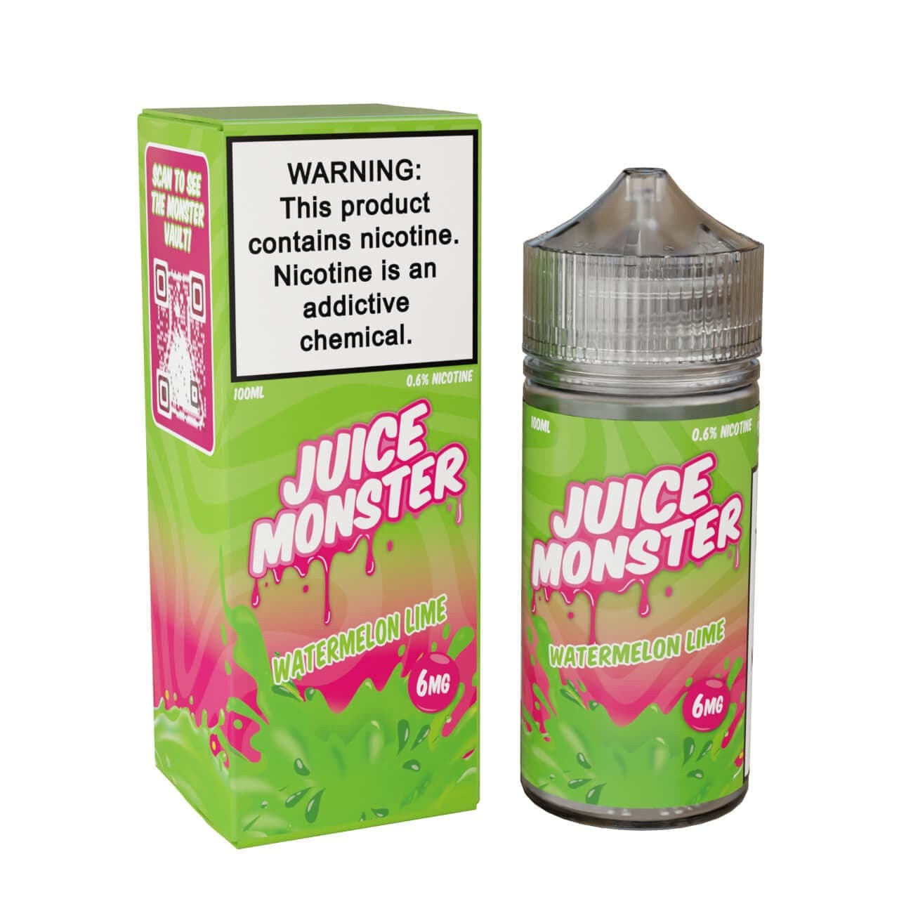 Juice Monster Watermelon Lime E-liquid bottle, 100mL with label featuring vibrant watermelon and lime graphics.