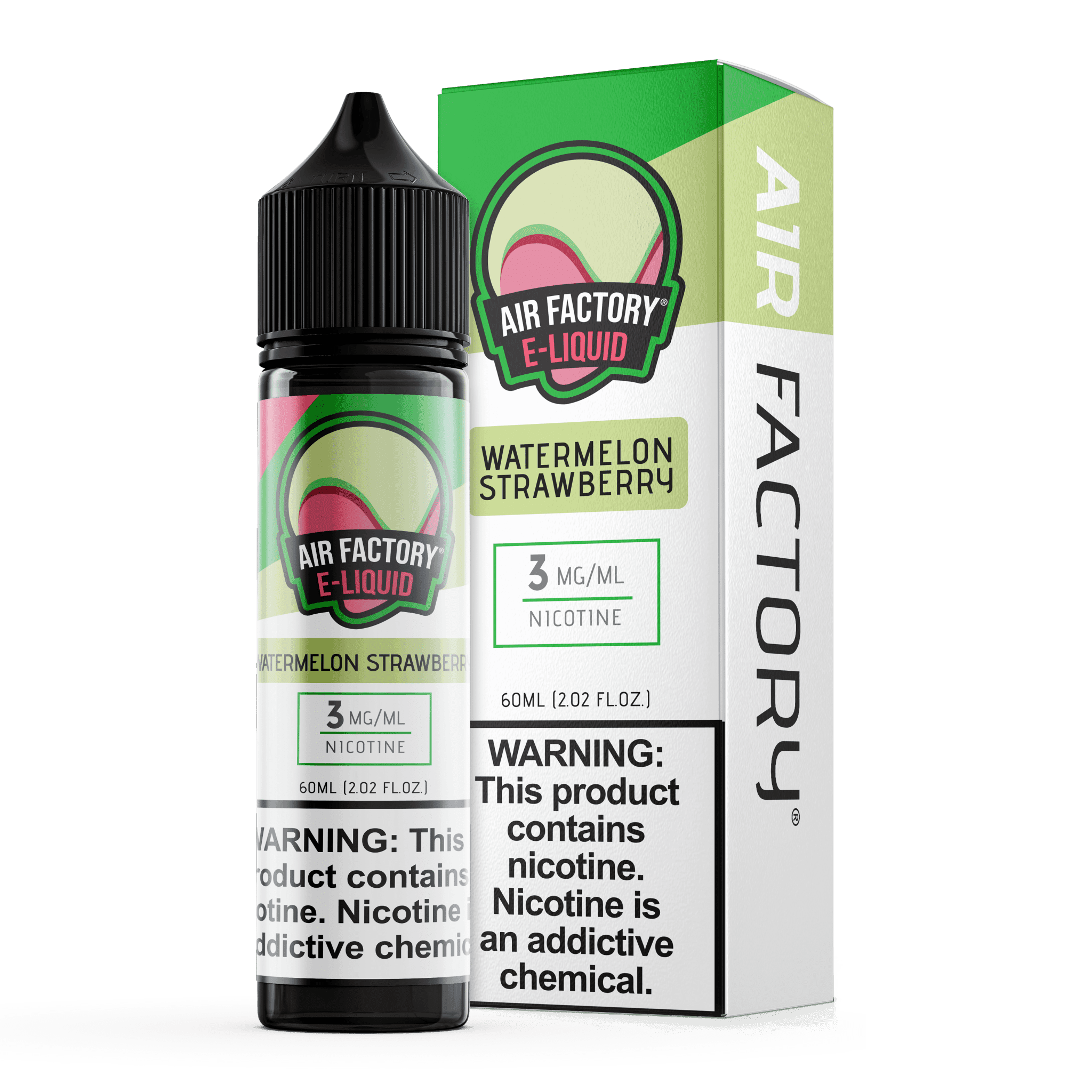 Bottle of Air Factory Watermelon Strawberry E-Liquid in 60mL size, featuring a colorful label with watermelon and strawberry images.