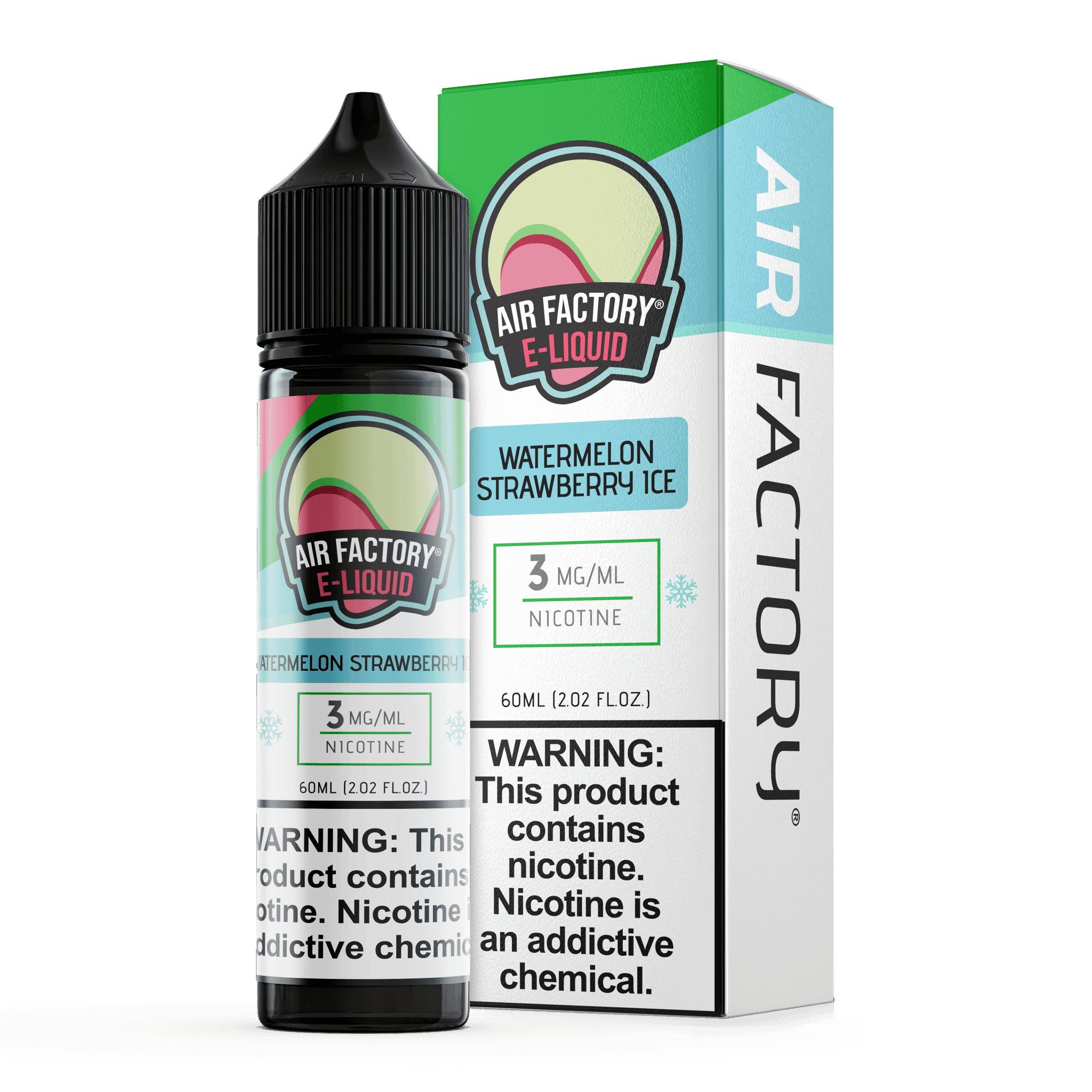 Bottle of Air Factory Watermelon Strawberry ICE E-liquid, 60mL, with vibrant watermelon and strawberry flavor images.