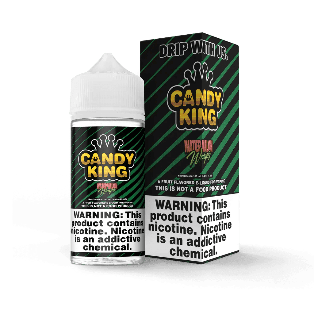 Candy King Watermelon Wedges e-liquid bottle, 100mL, showcasing vibrant watermelon wedge flavor in a clear plastic bottle.