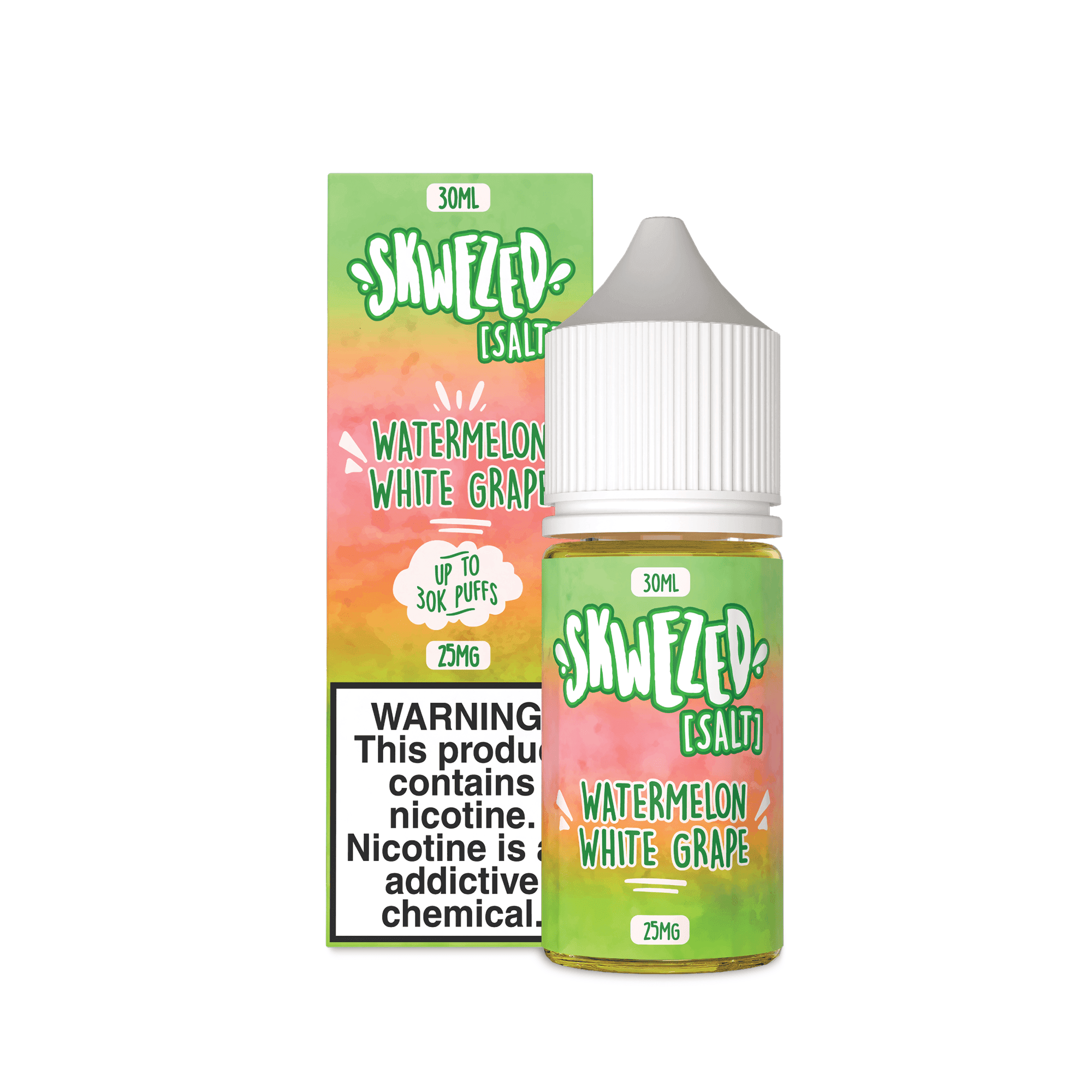 Skwezed Watermelon White Grape Nicotine Salt e-liquid 30ml bottle for vaping, with vibrant fruit flavor and clear label.