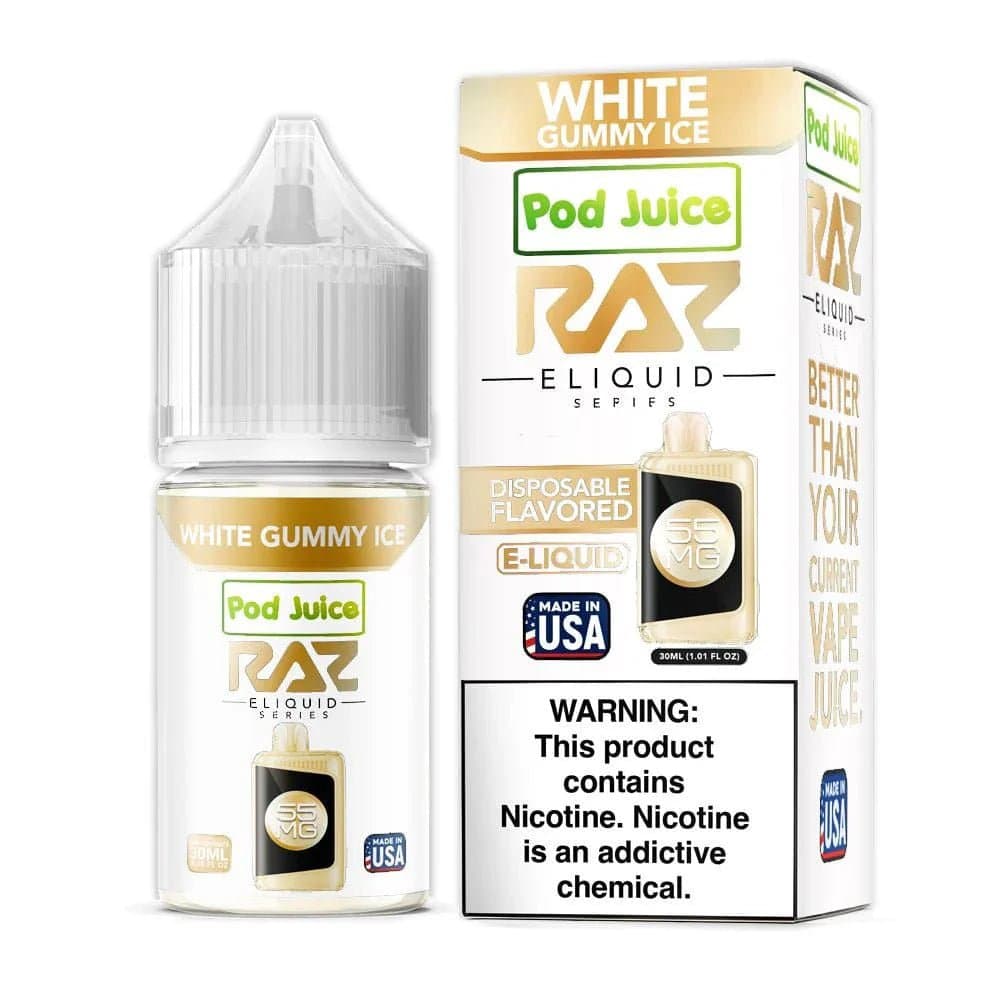 White Gummy ICE Salt e-liquid by Pod Juice and Raz, 30mL bottle, featuring a white gummy candy flavor with icy menthol finish.