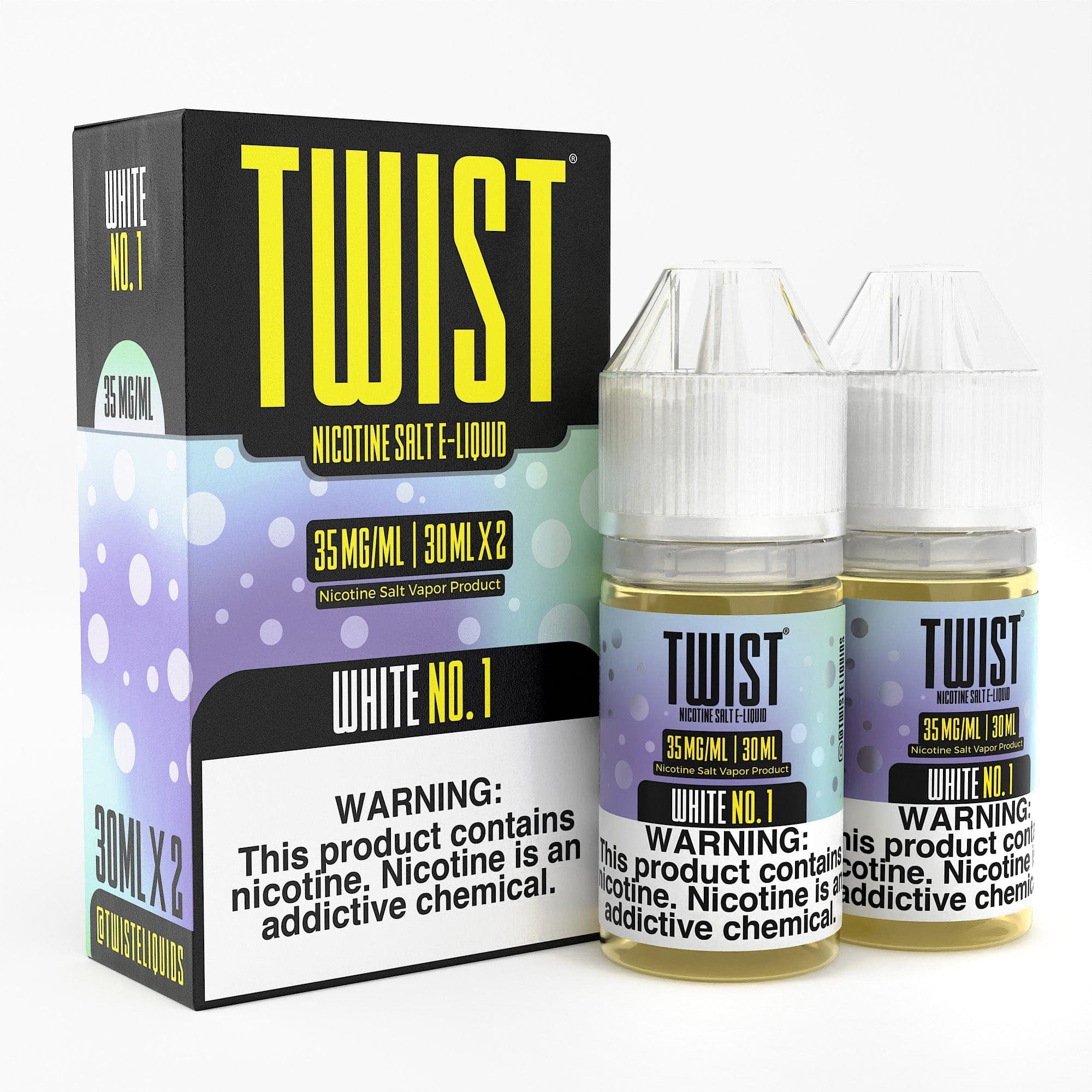 White No. 1 SALT Twist E-Liquids 60mL bottle with white label and twist cap, designed for vaping.