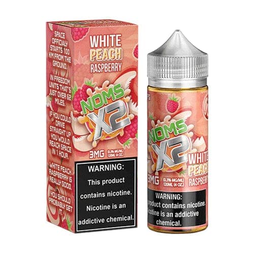 White Peach Raspberry e-liquid by Nomenon E-Liquids in a 120ml bottle, featuring a blend of juicy peach and ripe raspberry flavors.