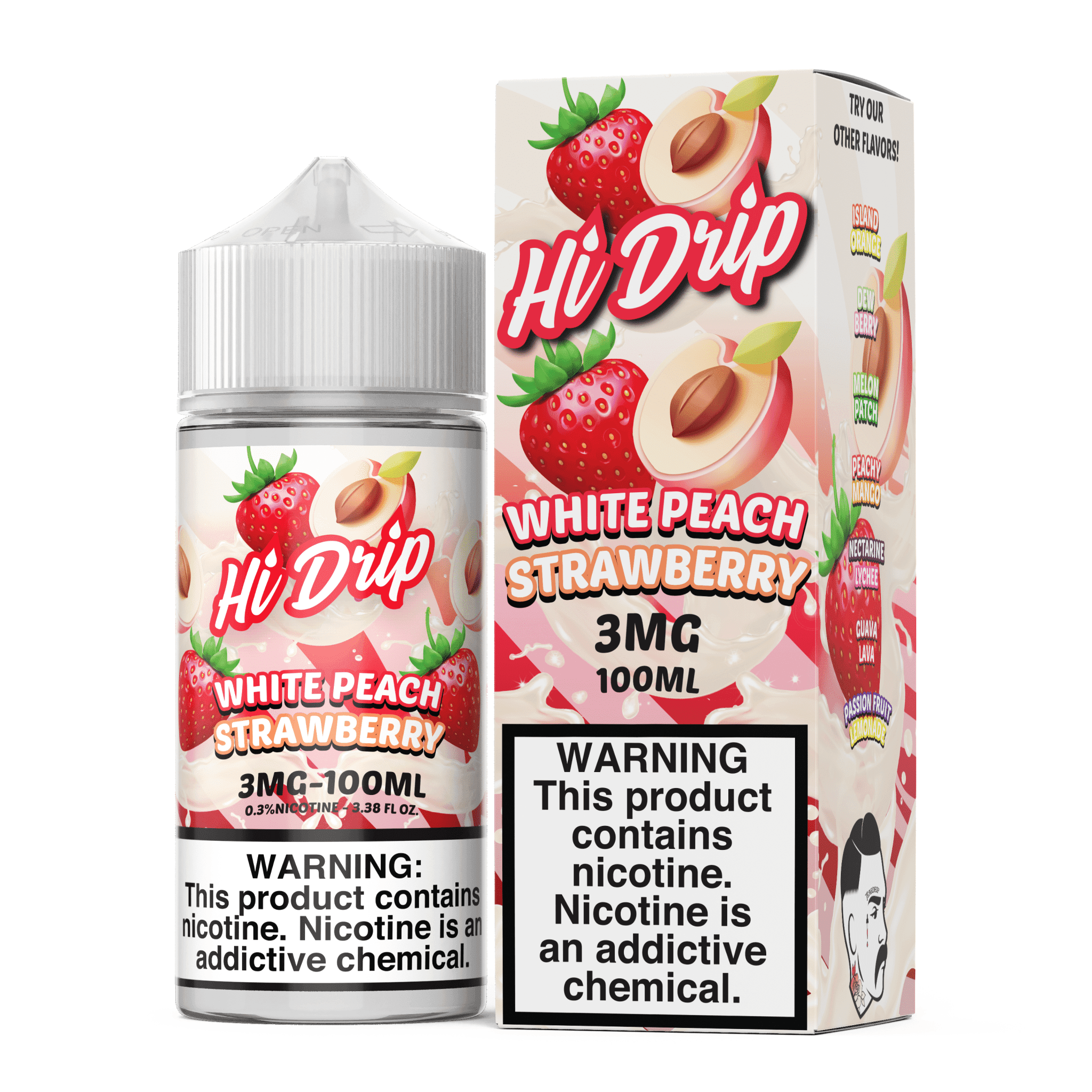 White Peach Strawberry Hi Drip e-liquid 100mL bottle with a colorful label, showcasing a blend of white peach and strawberry flavors.