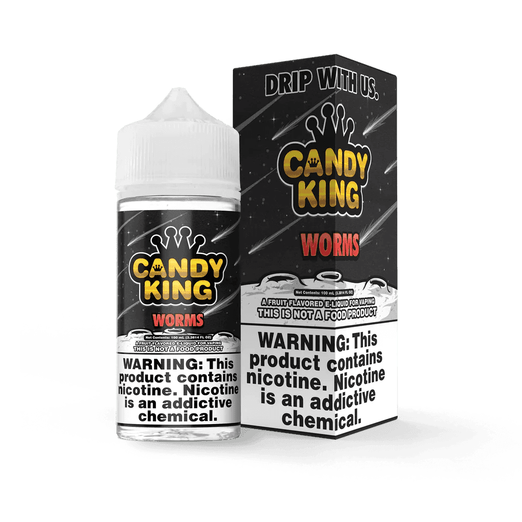 Candy King Worms E-liquid in 100mL bottle, featuring colorful worm-shaped candies on the label.