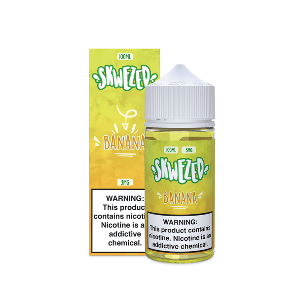 Skwezed Banana vape juice in a 100mL bottle, featuring a vibrant banana flavor for vaping enthusiasts.