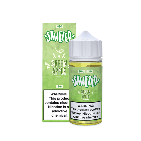 Bottle of Skwezed Green Apple vape juice in 100mL bottle, featuring vibrant green apple flavor and clear packaging.