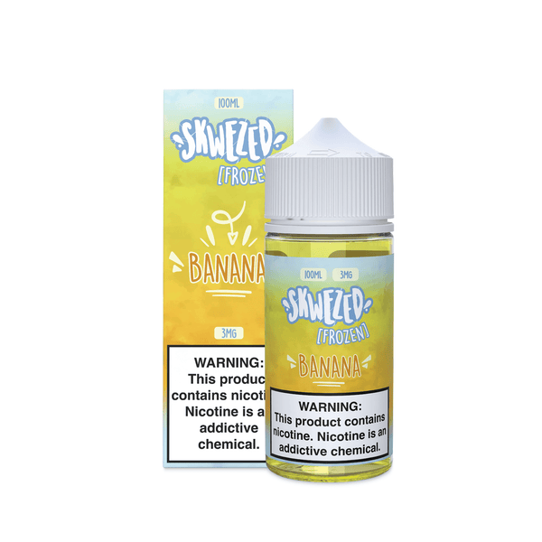 Skwezed Frozen Banana vape juice in a 100mL bottle, featuring a smooth, icy banana flavor for vaping enjoyment.