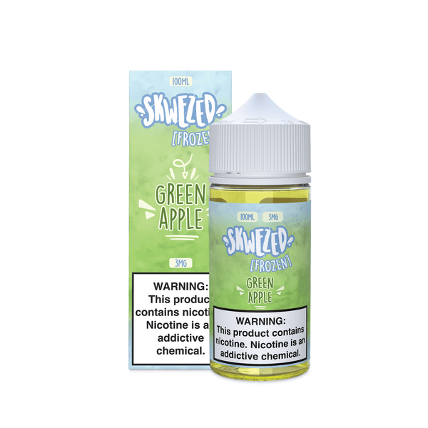 Skwezed Frozen Green Apple vape juice in 100mL bottle with icy green apple flavor, featuring clear packaging and vibrant label design.
