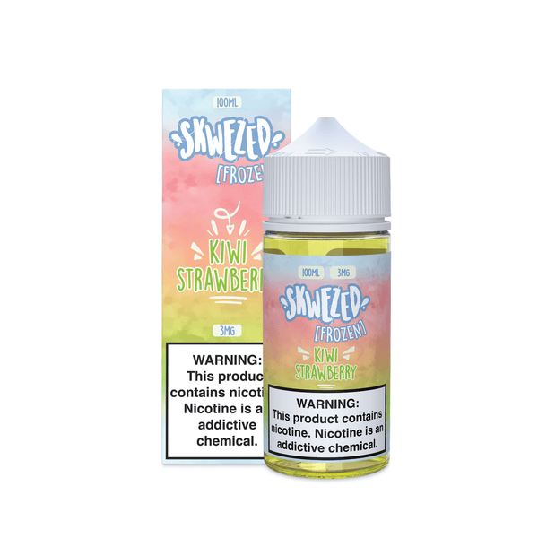 Skwezed FROZEN Kiwi Strawberry vape juice 100mL bottle with icy kiwi and strawberry flavor, clear liquid inside a transparent container.