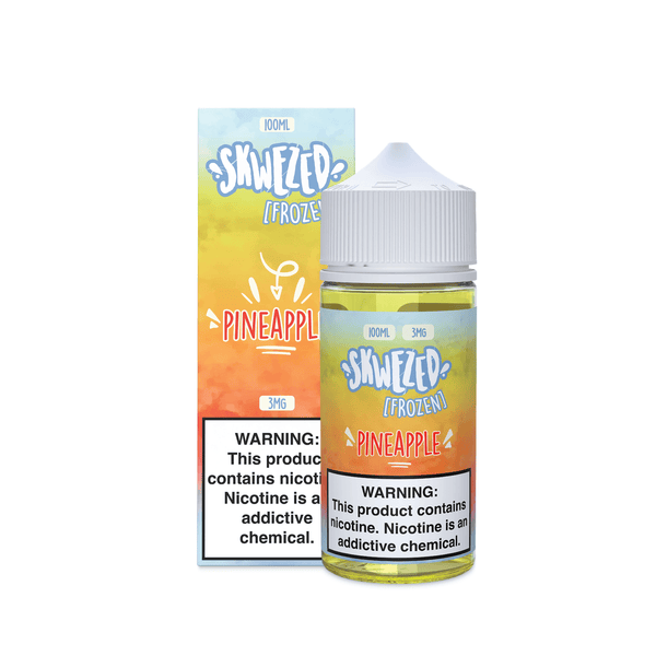 Skwezed Frozen Pineapple vape juice in 100mL bottle with iced pineapple flavor, showcasing the vape juice bottle and label.