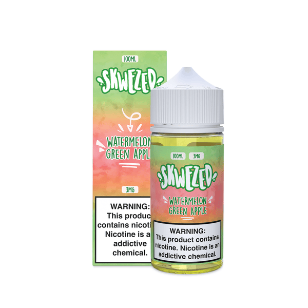 Skwezed Watermelon Green Apple vape juice bottle showing colorful label with watermelon and green apple images, 100mL size.