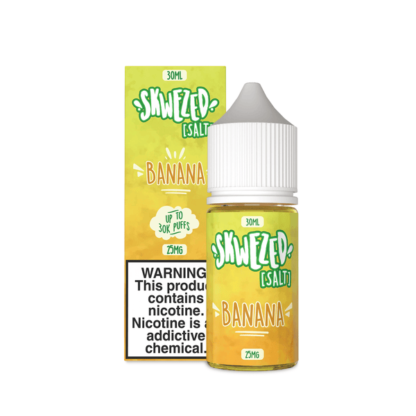 Skwezed Banana Nicotine Salt e-liquid bottle, 30ml size with vibrant banana flavor for vaping.