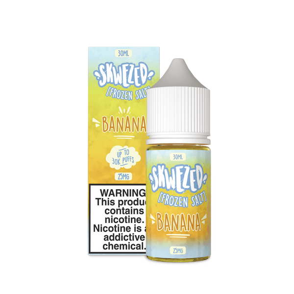 Skwezed Frozen Banana Nicotine Salt e-liquid in 30mL bottle with icy banana flavor, ideal for vaping.